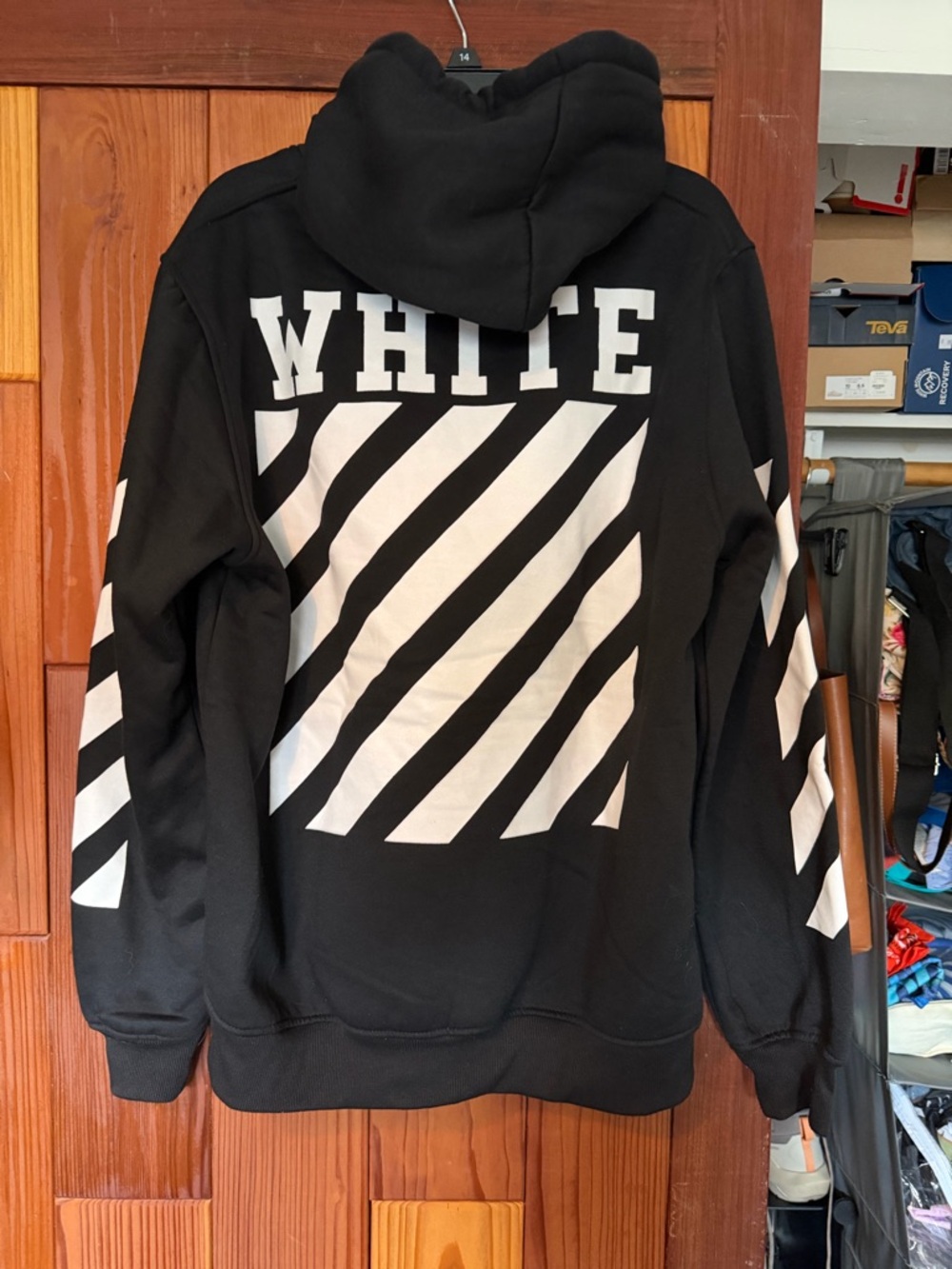 New Classic Off-White “White” Black Hoodie with White Diagonal Stripe Graphic